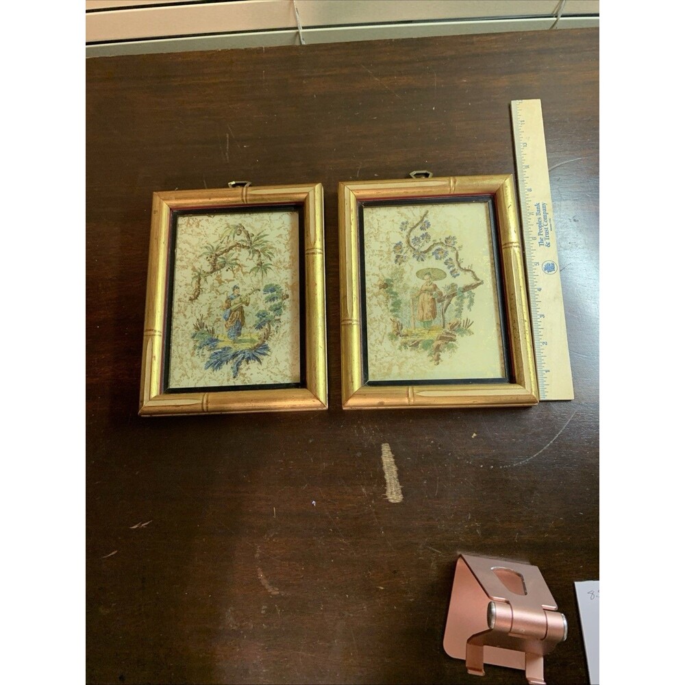 Pair Of Asian Hand Painted Prints 8 X 6.5 In Gold Faux Bamboo Frames